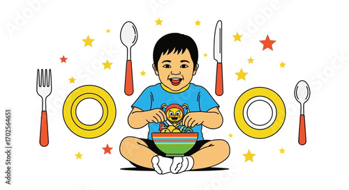 Joyful Child Preparing Meal Surrounded By Festive Cutlery And A Plate Set