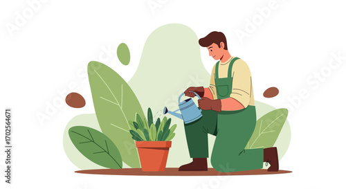 Man Watering Potted Plant In Garden: Horticultural Activity, Fresh Growth, and Nature Illustrated