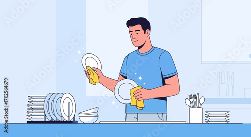 Man Washing Dishes in Domestic Kitchen Setting, Simple Illustration, Daily Chores Concept
