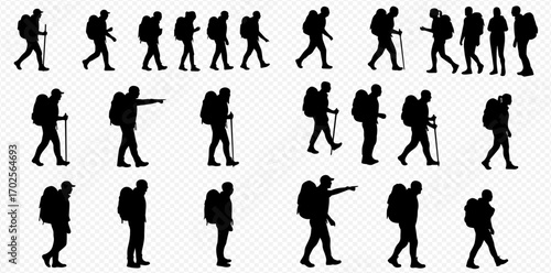 Silhouettes of hikers with backpacks and walking sticks in various poses, representing outdoor adventure and trekking.