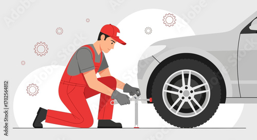 Mechanic Changing Tire On A Gray Car Outdoors Ready For Transportation Services