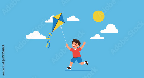 Joyful Child Running With Kite In A Bright Blue Sky, Illustrative Vector Art