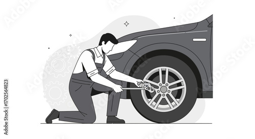 Mechanic at Work: Automotive Repair and Maintenance Illustration in Minimalist Style