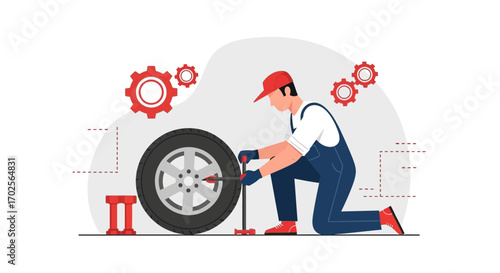 Mechanic Changing Tire With Red Gear Icon, Illustration, Automotive Service