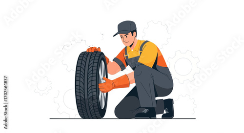 Mechanic Changing Wheel: Automotive Repair Service And Tire Replacement Concept Illustration