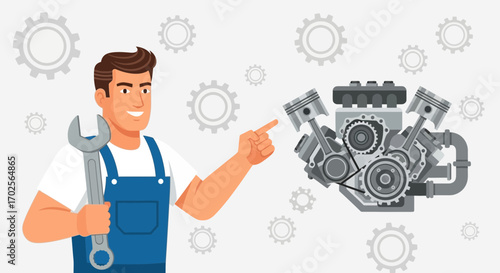 Mechanic Explaining The Internal Combustion Engine To Repair A Vehicle