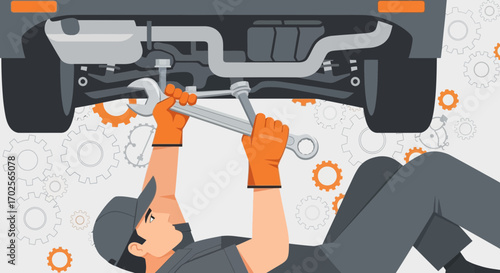 Mechanic Working Underneath Vehicle Repairing Car Engine with Wrench and Tools