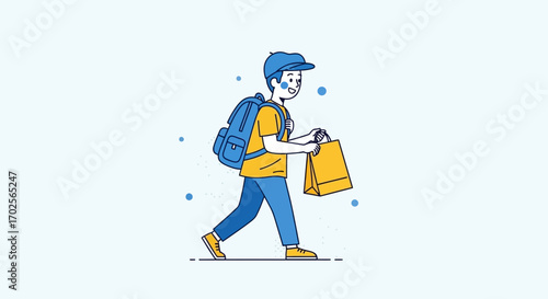 Joyful Courier Carrying Shopping Bag Walking, Illustration Of Daily Actions And Shopping