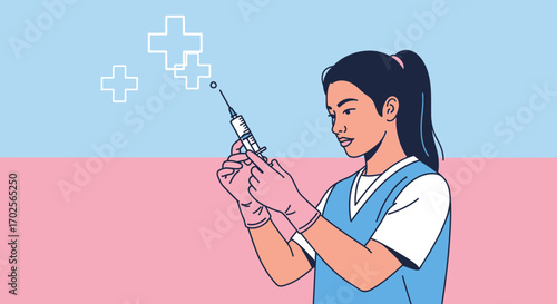 Medical Professional Administering Injection With Syringe and Preparing For Vaccine