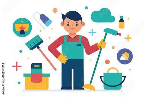 Cartoon illustration of a happy cleaner with cleaning supplies and equipment