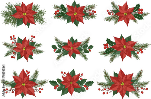 PrintCollection of nine decorative poinsettia floral arrangements, with holly leaves, pine needles, and red berries, for Christmas holiday seasonal vector illustration design, festive decoration