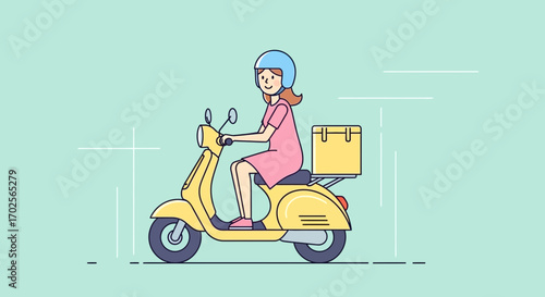 Joyful Delivery Person Riding Scooter In Town With A Package On The Back Minimum 50 Characters