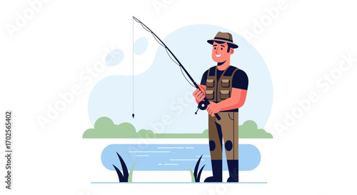 Joyful Fisherman Fishing At Lake Enjoying Peaceful Moment In His Recreational Activity