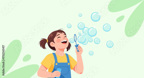 Joyful Girl Blowing Soap Bubbles Enjoying Childhood, Simple Pastel Background