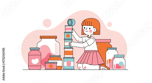 Joyful Girl Carefully Stacking Cans and Jars While Playing with Food Preservation Illustration