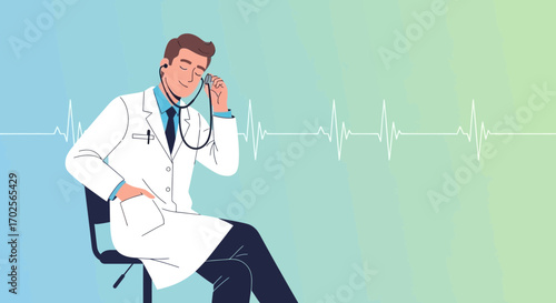 Medical Professional Listening To Heartbeat Depicted In A Relaxed, Illustrative Style