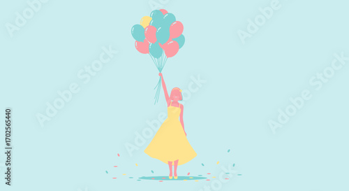 Joyful Girl Celebrates with Colorful Balloons in a Bright, Minimalist Style