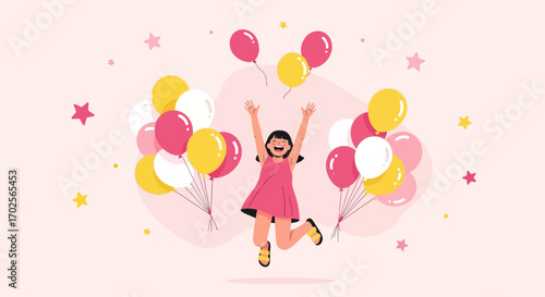 Joyful Girl Celebrating With Balloons And Stars, Expressing Happiness Beautifully and Energetically
