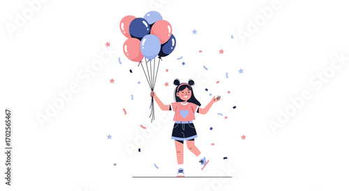 Joyful Girl Celebrating With Balloons And Confetti in Whimsical Illustration