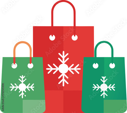 Three Christmas shopping bags with snowflake design in red and green colors