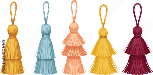 PrintColorful collection of five decorative tassels with layered fringes in various colors and styles for home decor and craft vector illustration
