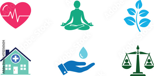 a set of health and wellness icons, including a heart with a pulse line, a meditating figure, a leafy branch, a hospital building, a hand with a water drop, and scales of justice