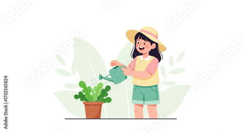 Joyful Girl Watering Plant in Garden, Enjoying Leisure And Cultivating Nature's Beauty