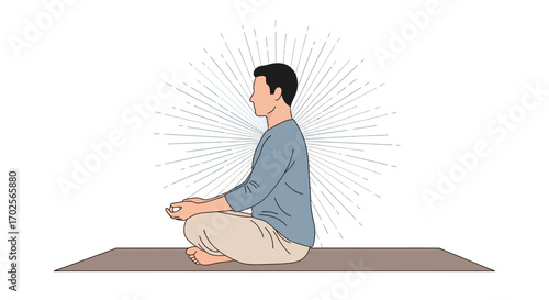 Meditative Man in Lotus Position Illuminated by Celestial Rays on Light Background