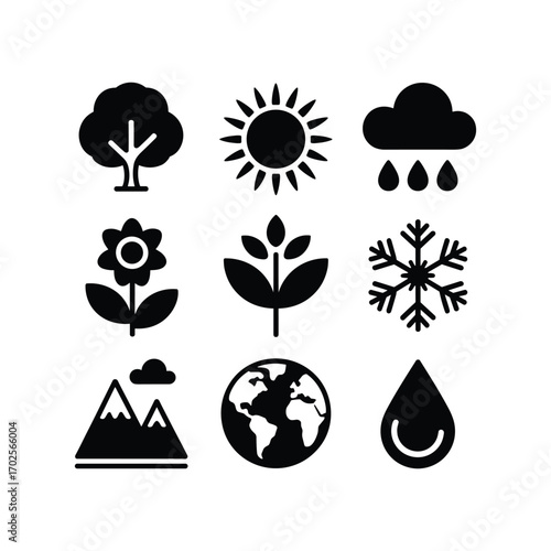 Collection of nature and weather icons in black silhouette for environmental conservation and climate representation