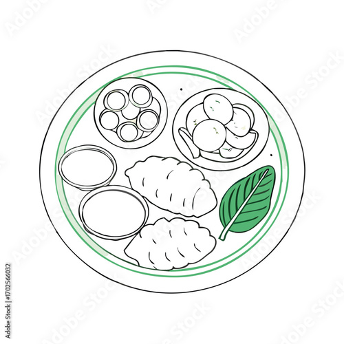 Simplified flat vector illustration of an onasadya thali top view scalable vector