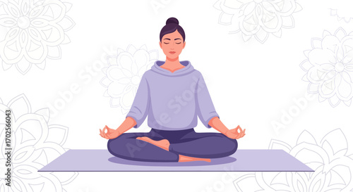 Mindful Meditation In Lotus Position With Minimalist Floral Background Peaceful Practice