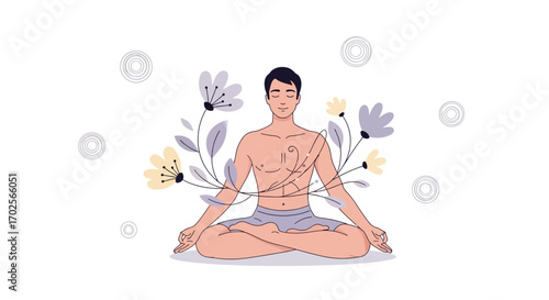 Mindfulness Meditation and Spiritual Awakening with Floral Elements Vector Illustration