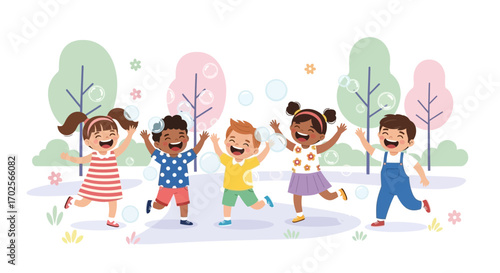 Joyful Illustration Of Diverse Children Frolicking In Playful Park With Bubbles