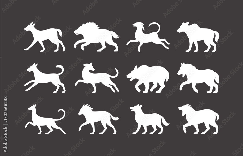 Fototapeta premium Animal silhouettes vector set, wild animal outline, horse, lion, wolf, dog, wildlife shapes, predator icons, nature graphic, editable isolated illustration