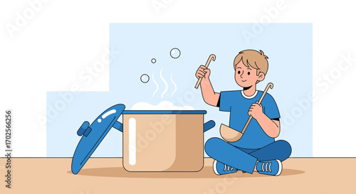 Joyful Kid Preparing Food in a Big Pot While Sitting on the Floor Cooking Meal
