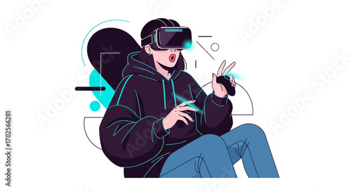 Modern Gamer Experiencing Virtual Reality, Captivating Digital Experience Illustration