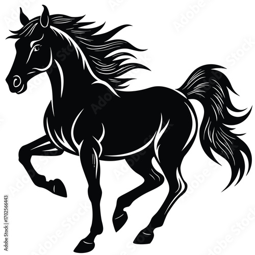 Black horse galloping with flowing mane and tail on white background stallion equine