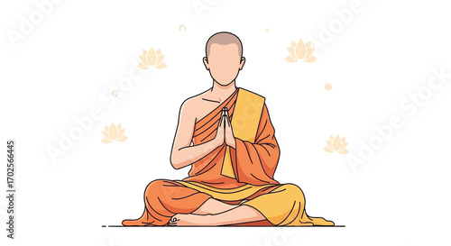 Monk In Meditation Position With Lotus Symbols Offering Spiritual Peace And Serenity