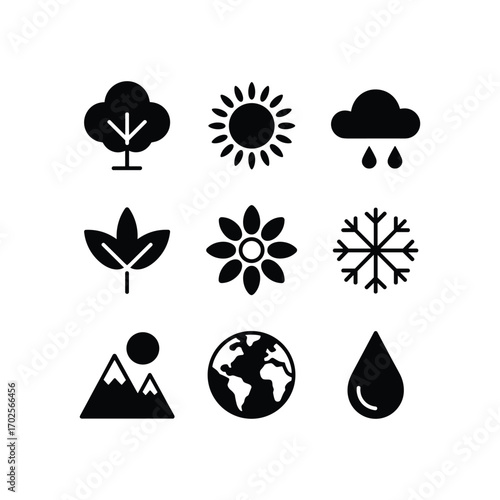 Nature symbols set icons representing seasons weather plants earth mountains sun and rain