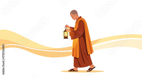 Monk Carrying A Lantern Illuminated By A Warm Light Symbolizing Serenity And Peacefulness.