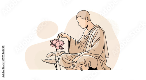Monk Interacting With Lotus, Peaceful Contemplation And Spiritual Enlightenment