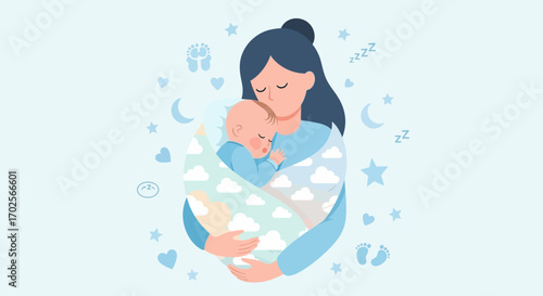 Mother Holding Her Sleeping Infant, Surrounded by Celestial Symbols, Gentle and Peaceful Scene
