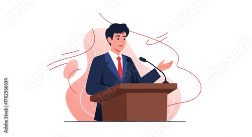 Motivational Speaker Delivering Speech At Podium With Microphone, Presentation Concept