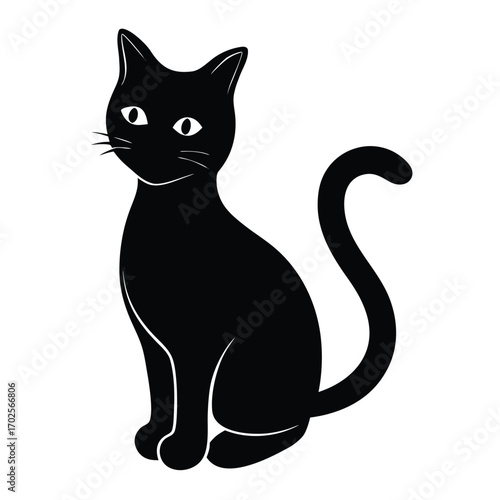 Black silhouette of a curious sitting cat with wide eyes and whiskers animal