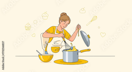 Joyful Woman Cooking Dessert in the Kitchen Artistic Culinary Illustration