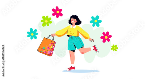 Joyful Woman Celebrating With Shopping Bags Among Colorful Floral Elements
