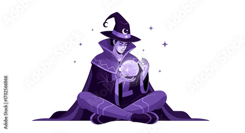 Mystical Practitioner Gazing Into The Orb, Revealing Future Visions In The Cosmos