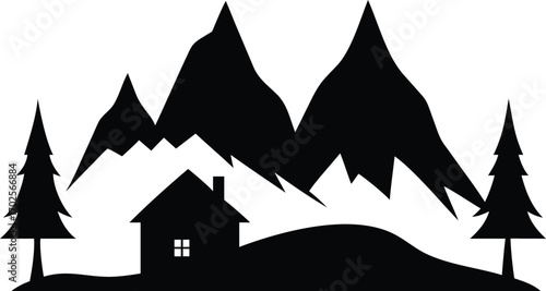 cabin nestled among mountains and pine trees