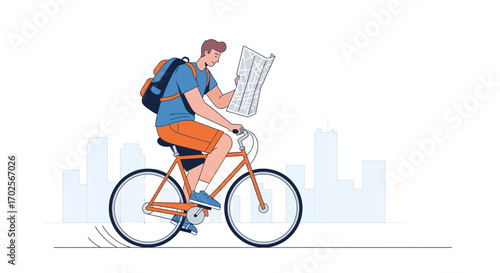 Navigating The Urban City Streets, A Young Traveler With Bicycle And Map Explores The Territory