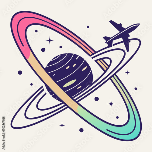 Airplane flying around a planet with rings, travel and adventure concept